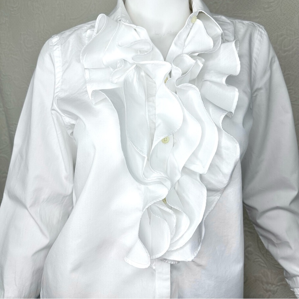 Lauren Ralph Lauren White Cotton Ruffle Front Button Down Shirt - Picture 3 of 16